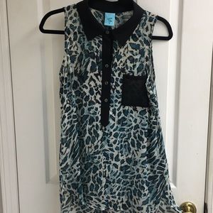 H.I.P. Blue Leopard Print Collar Blouse Button Up